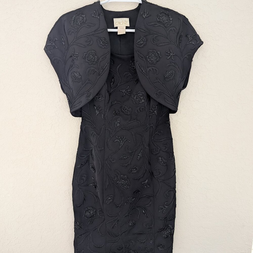 Vintage Cache Beaded Black Dress Matching Jacket Size 2 Glam Formal